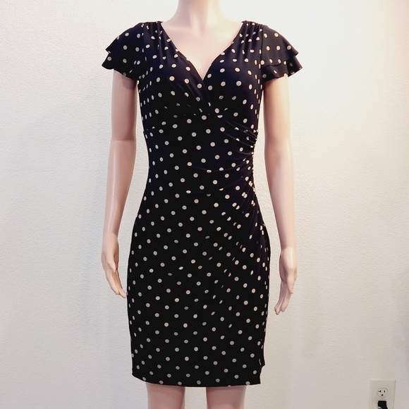 Lauren Ralph Lauren Flutter Sleeve Sheath Dress Black & Tan Polka Dots Size: 8P - Picture 1 of 14